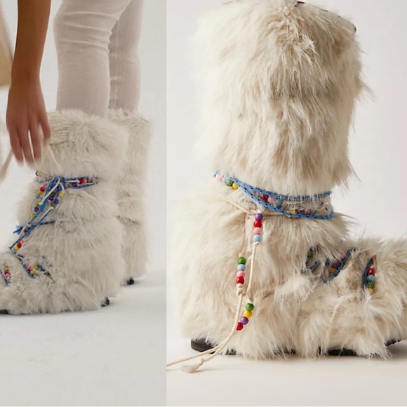 Shoes - Faux Fur Boots with Beaded Accents